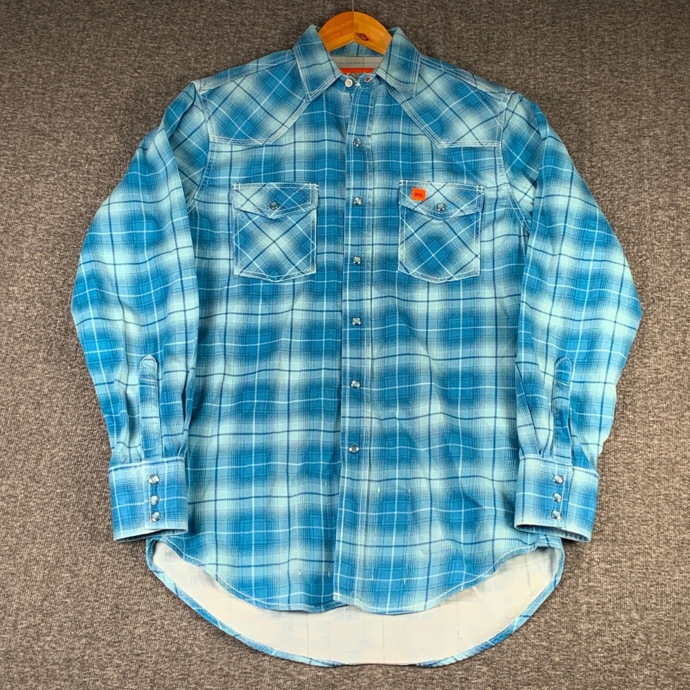 Wrangler FR Pearl Snap Shirt Men Medium Blue Plaid Mechanical Field Utility